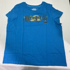 Sahalie Saturday Market Women's Sz 1X Blue Camper T Shirt Short Sleeve Camping